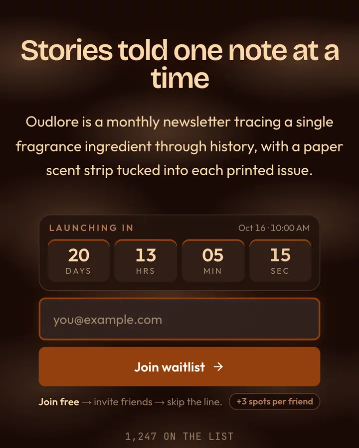 Oud Smoke — Luxury waitlist page template, near-black vermilion background