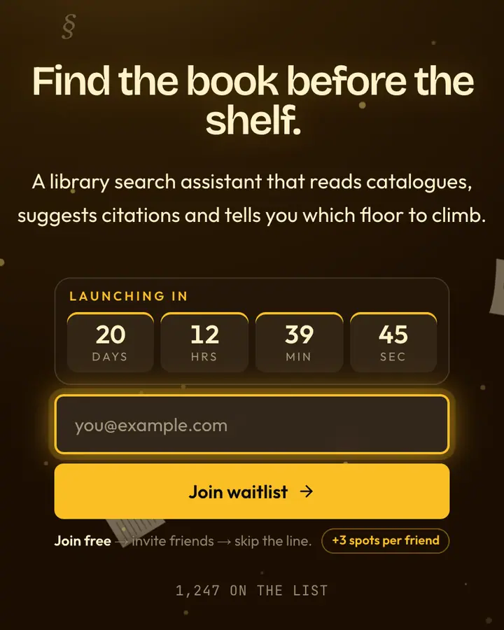 Oxford Library — Dark Academia waitlist page template, near-black vermilion background