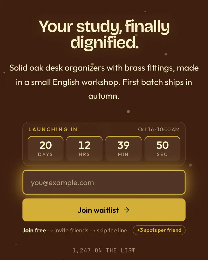 Oxford Oak — Dark Academia waitlist page template, brown background