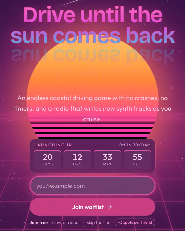 Palm Drive — Vaporwave waitlist page template, deep violet background