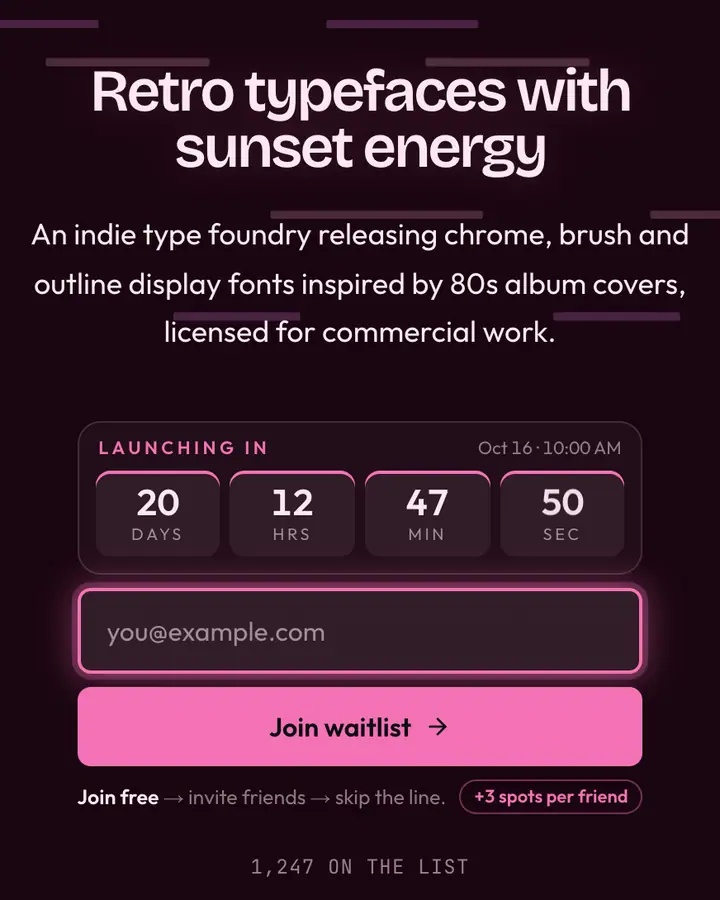 Palm Silhouette — Vaporwave waitlist page template, near-black pink background