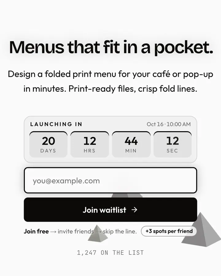 Paper Fold — Black & White waitlist page template, white background