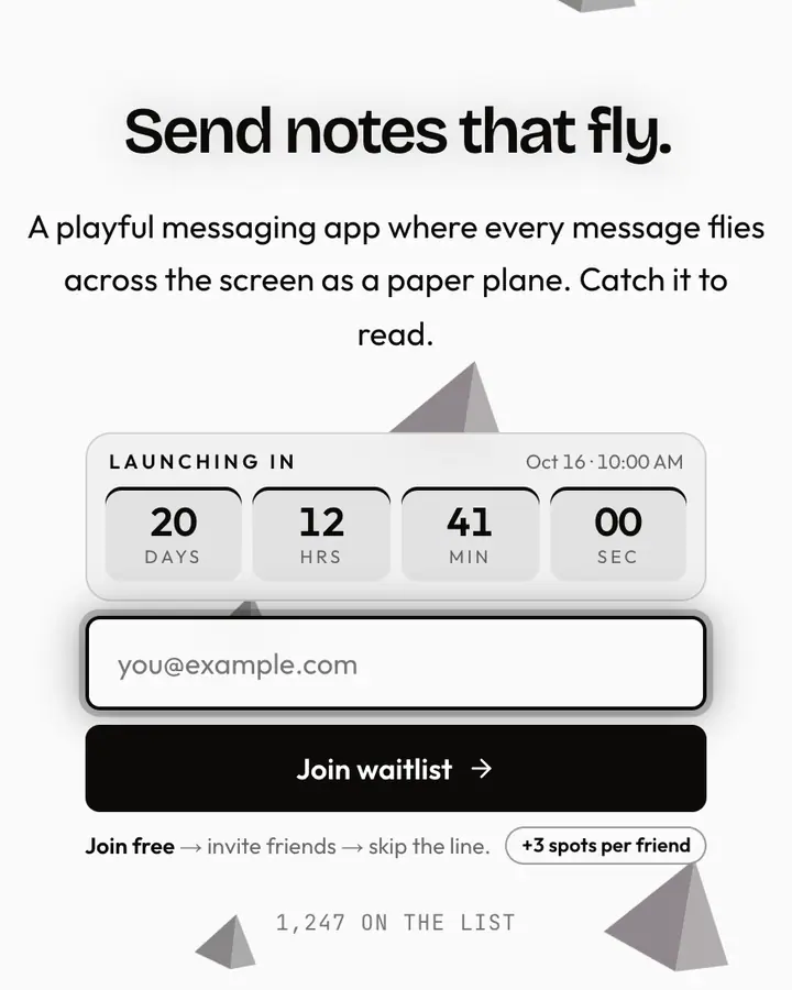 Paper Plane — Playful & Pastel waitlist page template, white background