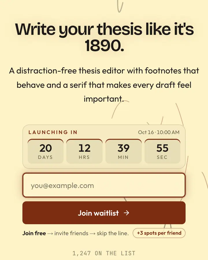 Parchment Serif — Dark Academia waitlist page template, cream background