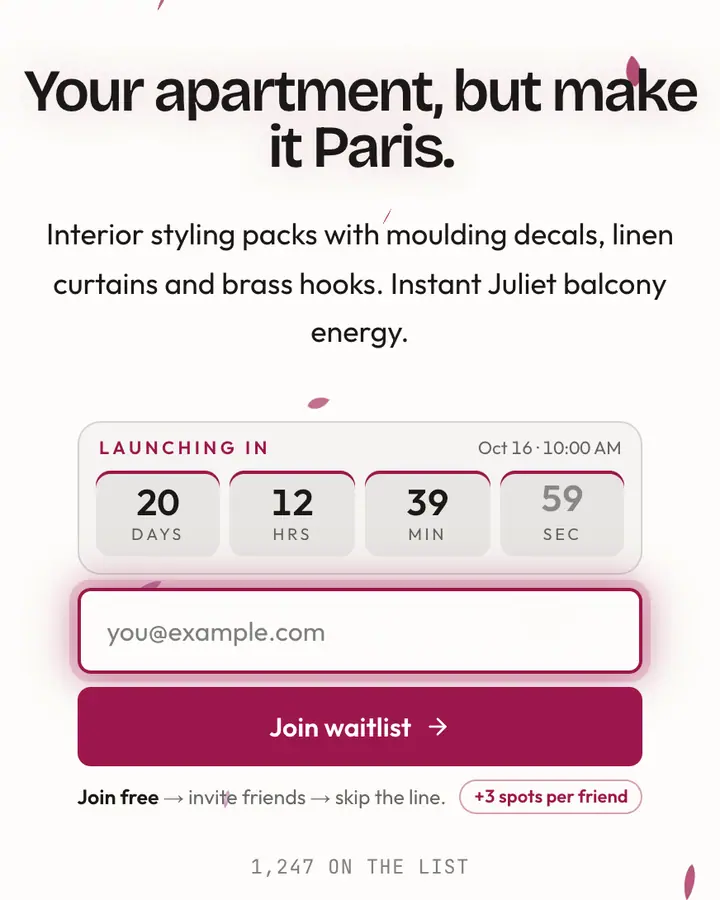 Paris Apartment — Coquette waitlist page template, amber-tinted white background