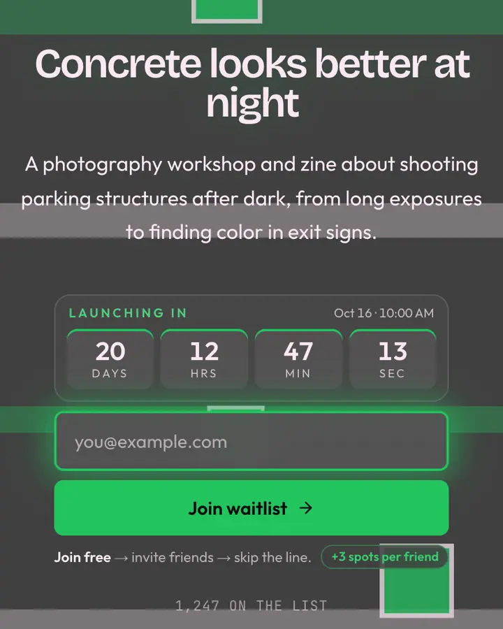 Parking Garage — Vaporwave waitlist page template, dark gray background