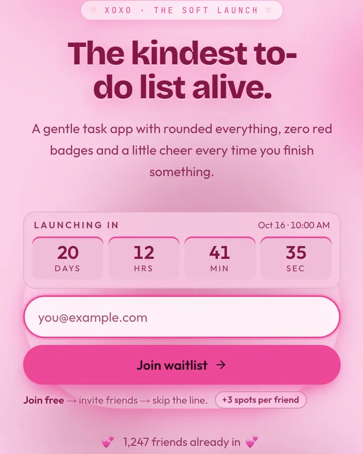 Pastel — Playful & Pastel waitlist page template, pale pink background