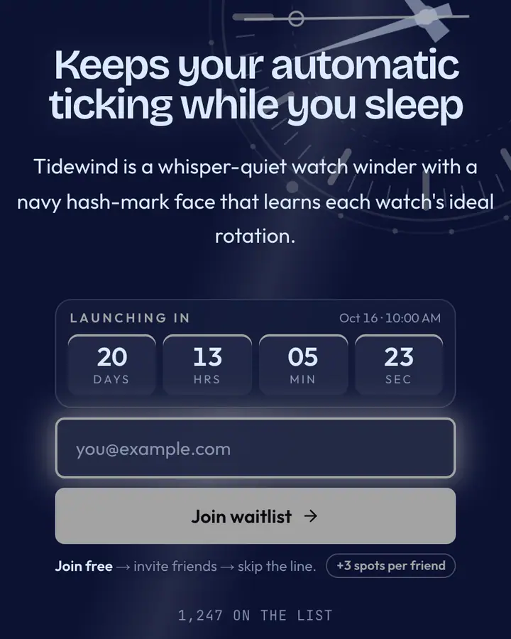 Grand Complication — Luxury waitlist page template, deep blue background