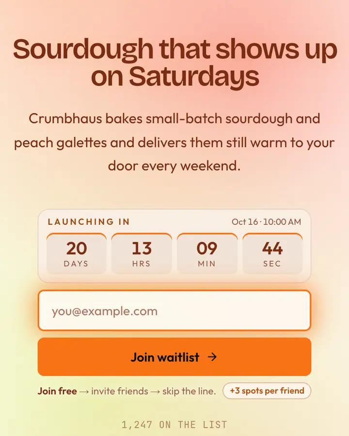 Peach Pane — Glassmorphism waitlist page template, orange-tinted white background