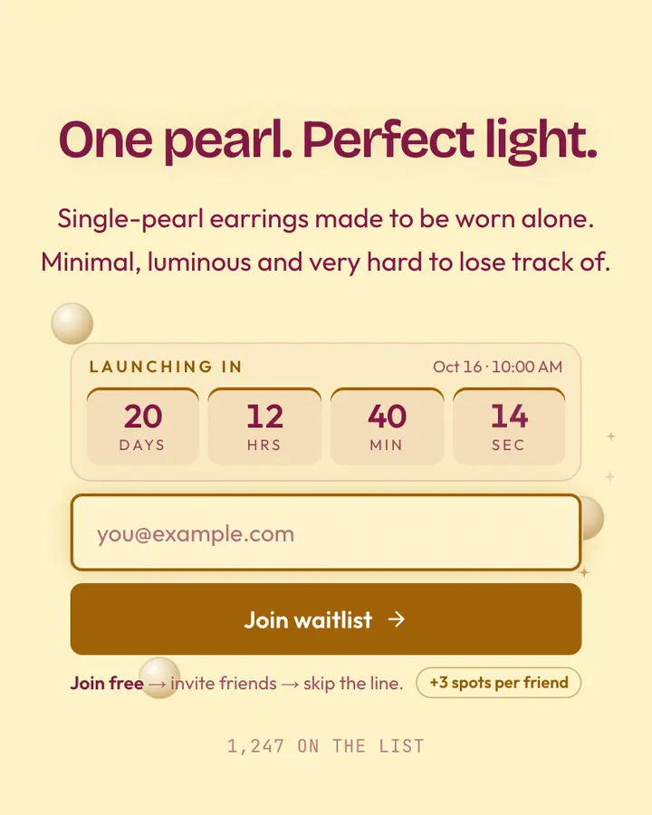 Pearl Earring — Coquette waitlist page template, cream background