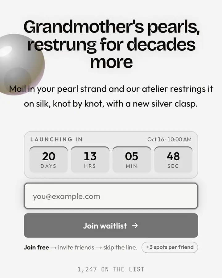 Pearl Strand — Luxury waitlist page template, white background