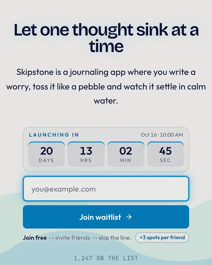 Pebble Shore — Nature & Organic waitlist page template, off-white background