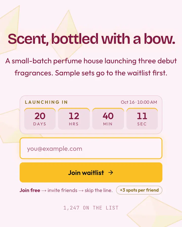 Perfume Bottle — Coquette waitlist page template, pink-tinted white background
