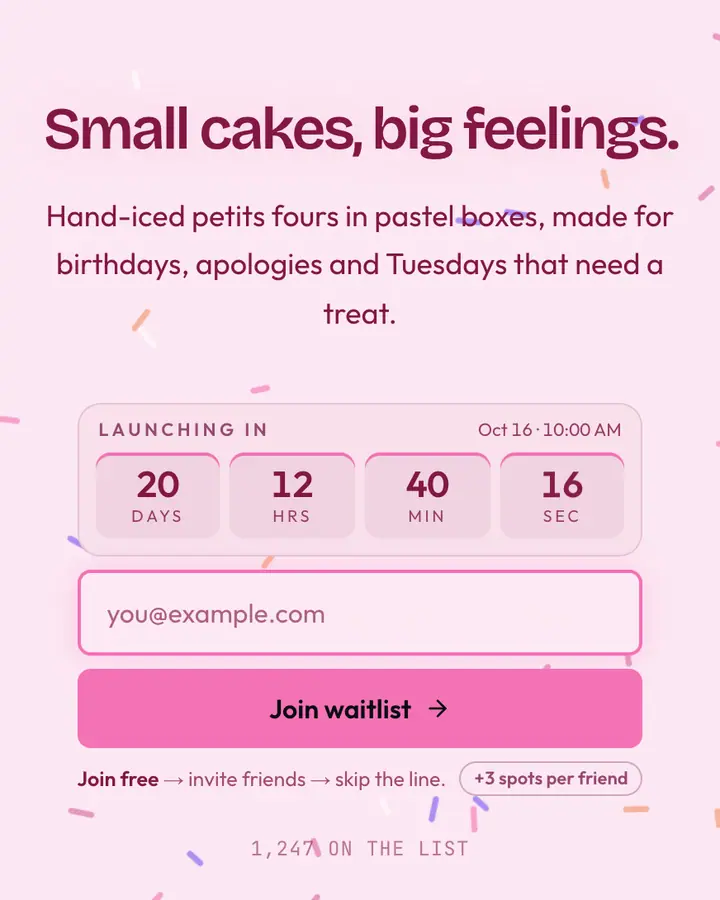 Petits Fours — Coquette waitlist page template, pale pink background