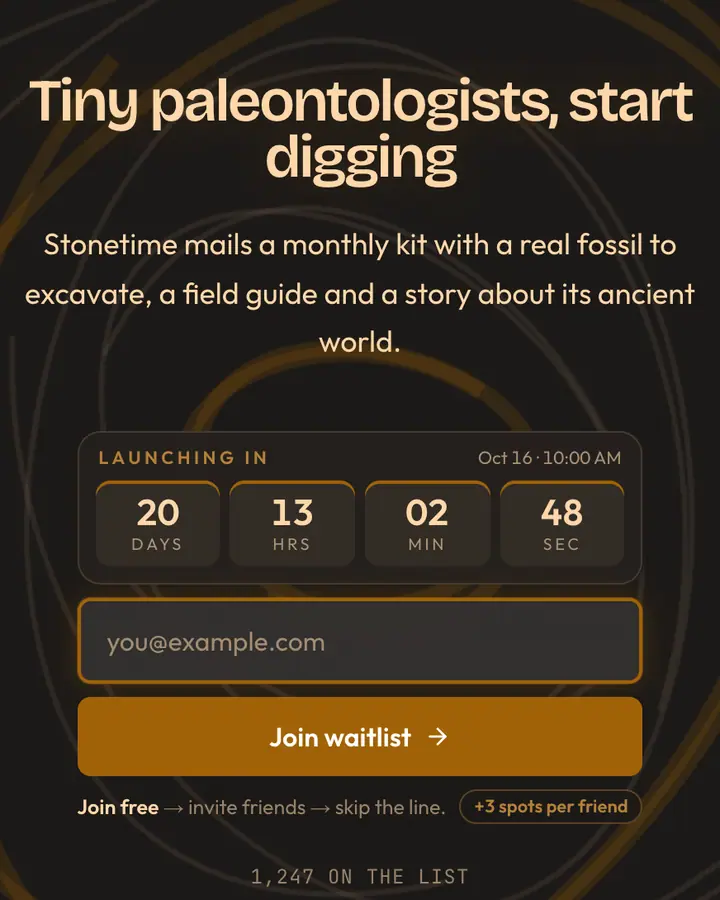Petrified Wood — Nature & Organic waitlist page template, charcoal background
