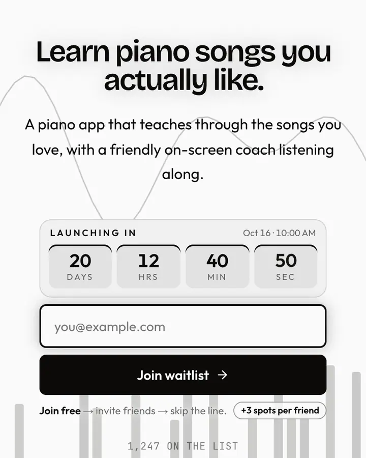 Piano Keys — Playful & Pastel waitlist page template, white background
