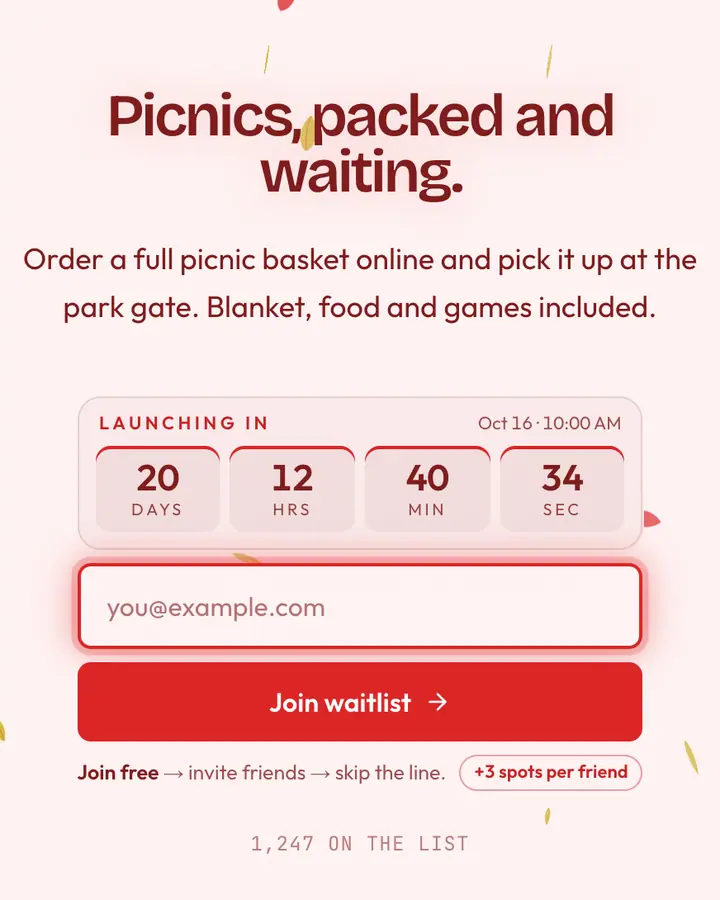 Picnic Blanket — Playful & Pastel waitlist page template, red-tinted white background