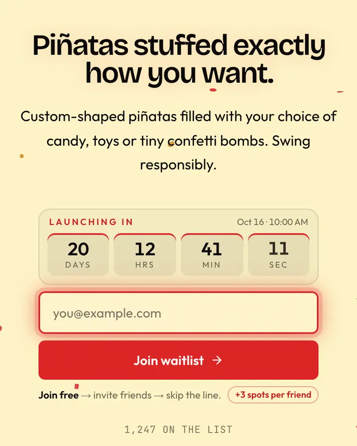 Pinata Pop — Playful & Pastel waitlist page template, cream background