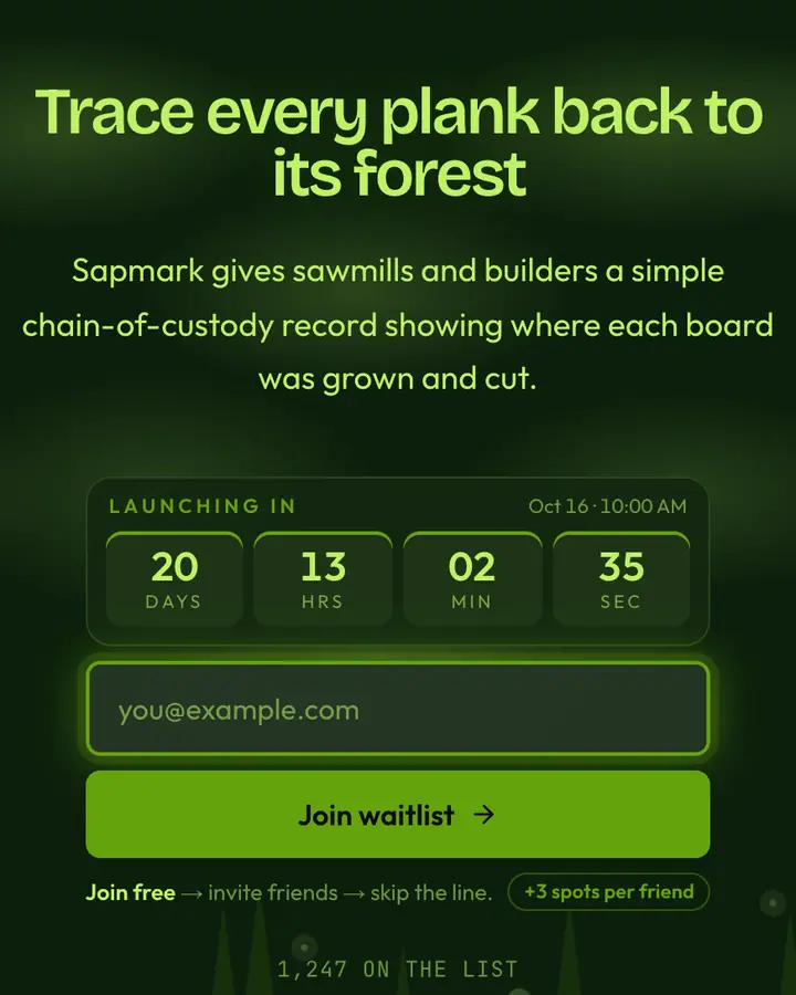 Pine Needle — Nature & Organic waitlist page template, deep green background