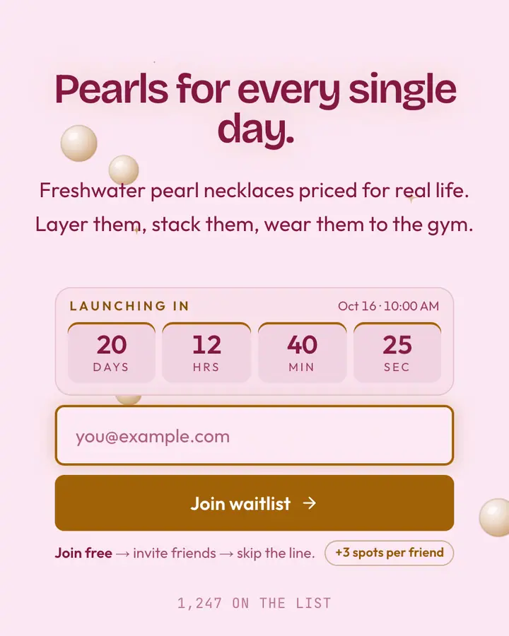 Pink Pearls — Coquette waitlist page template, pale pink background