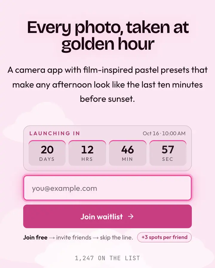 Pink Sunset — Vaporwave waitlist page template, pale pink background