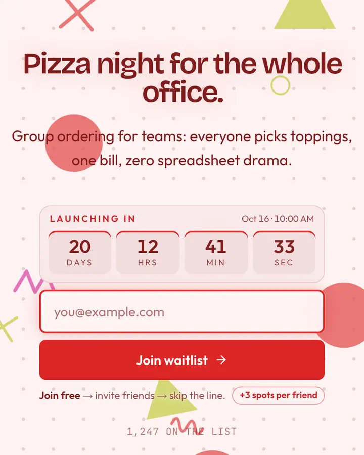 Pizza Party — Playful & Pastel waitlist page template, red-tinted white background