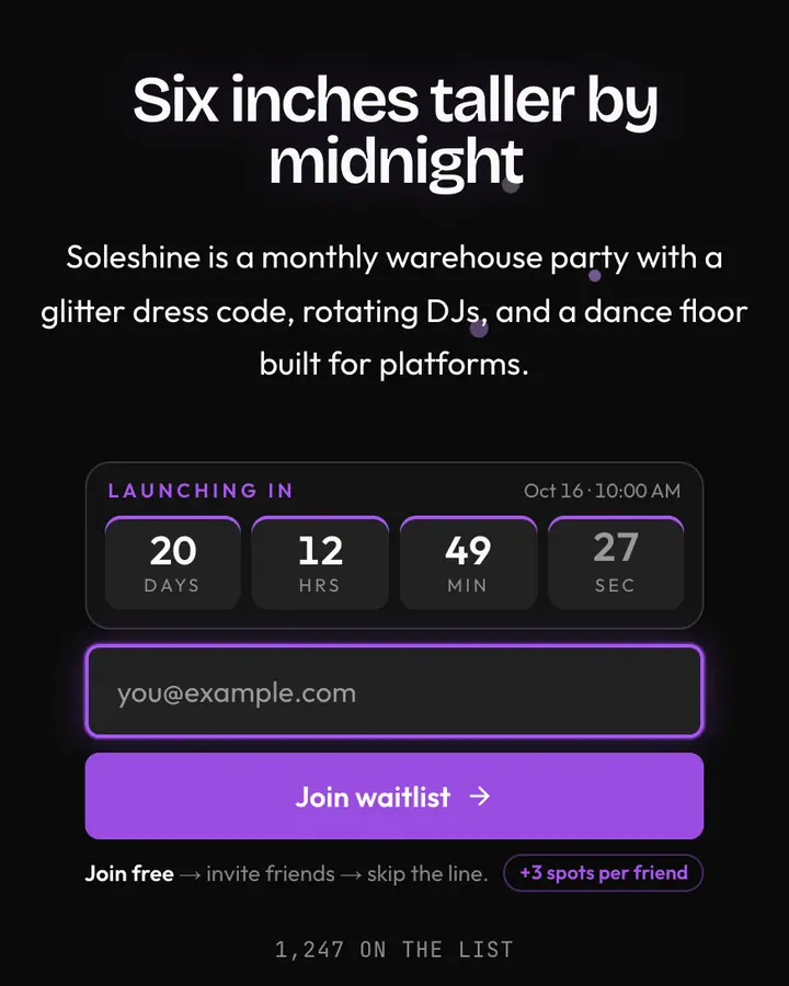 Platform Shoe — Y2K waitlist page template, near-black background