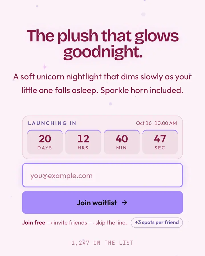 Plush Unicorn — Playful & Pastel waitlist page template, pink-tinted white background