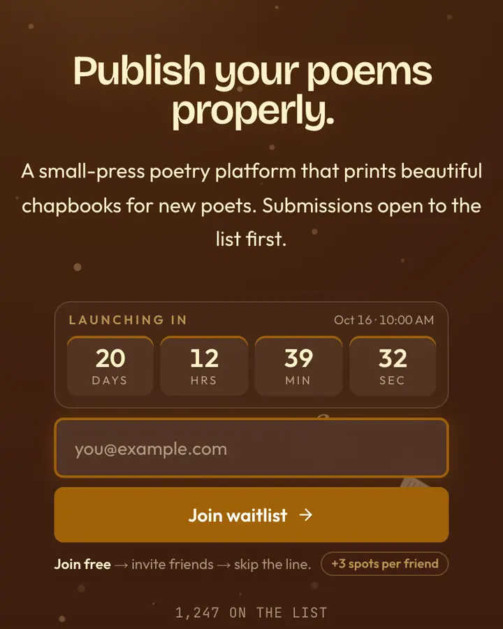 Poet Corner — Dark Academia waitlist page template, brown background