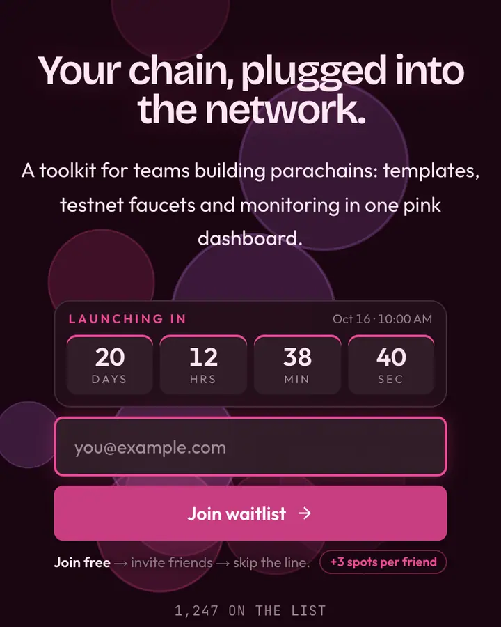 Parachain Pink — Crypto & Web3 waitlist page template, near-black pink background