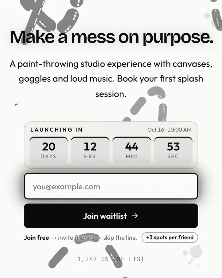 Pollock Drip — Editorial & Abstract waitlist page template, white background