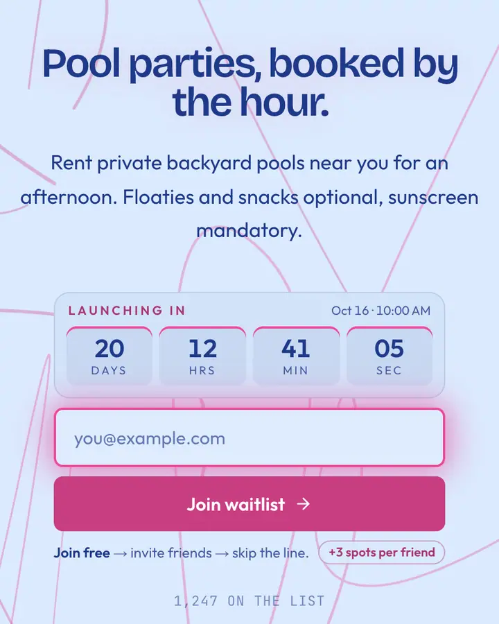 Pool Floatie — Playful & Pastel waitlist page template, pale sky blue background