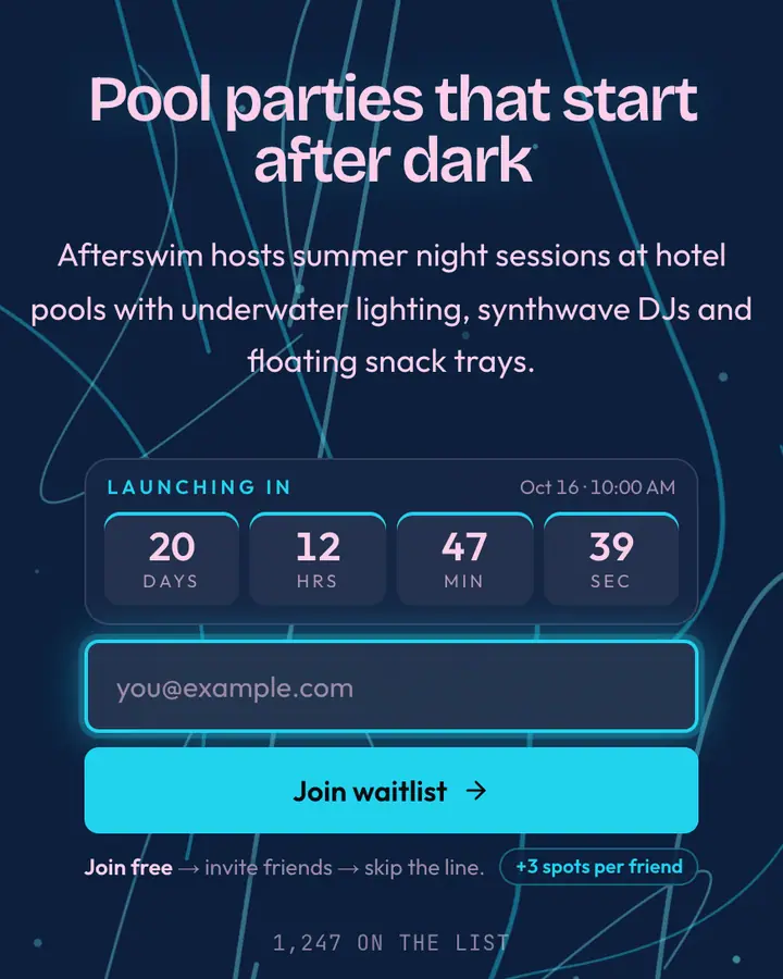 Poolside Glow — Vaporwave waitlist page template, deep blue background