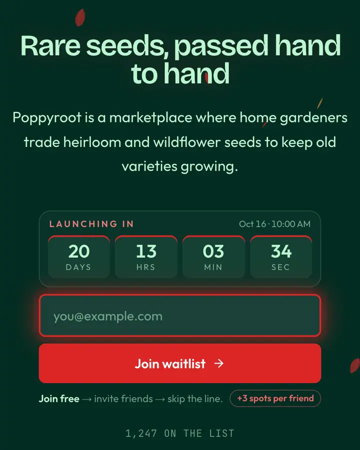 Poppy Meadow — Nature & Organic waitlist page template, deep teal background