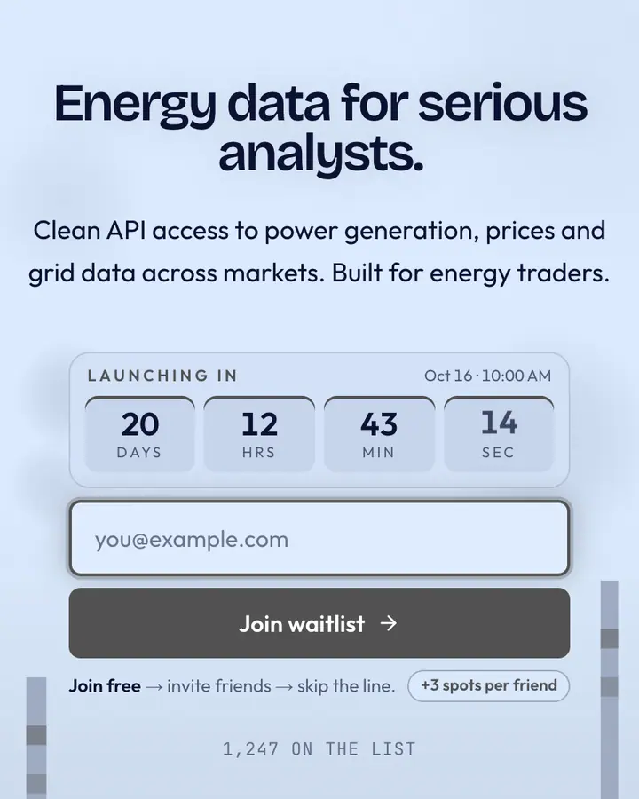 Power Plant — Industrial & Brutalist waitlist page template, pale sky blue background