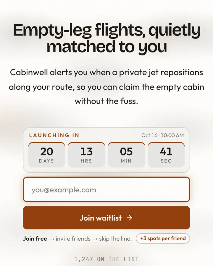 Private Jet — Luxury waitlist page template, amber-tinted white background