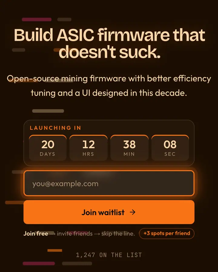 Proof of Work — Crypto & Web3 waitlist page template, near-black vermilion background