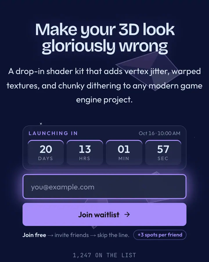 Low-Poly 32-Bit — Retro & Pixel Art waitlist page template, deep blue background