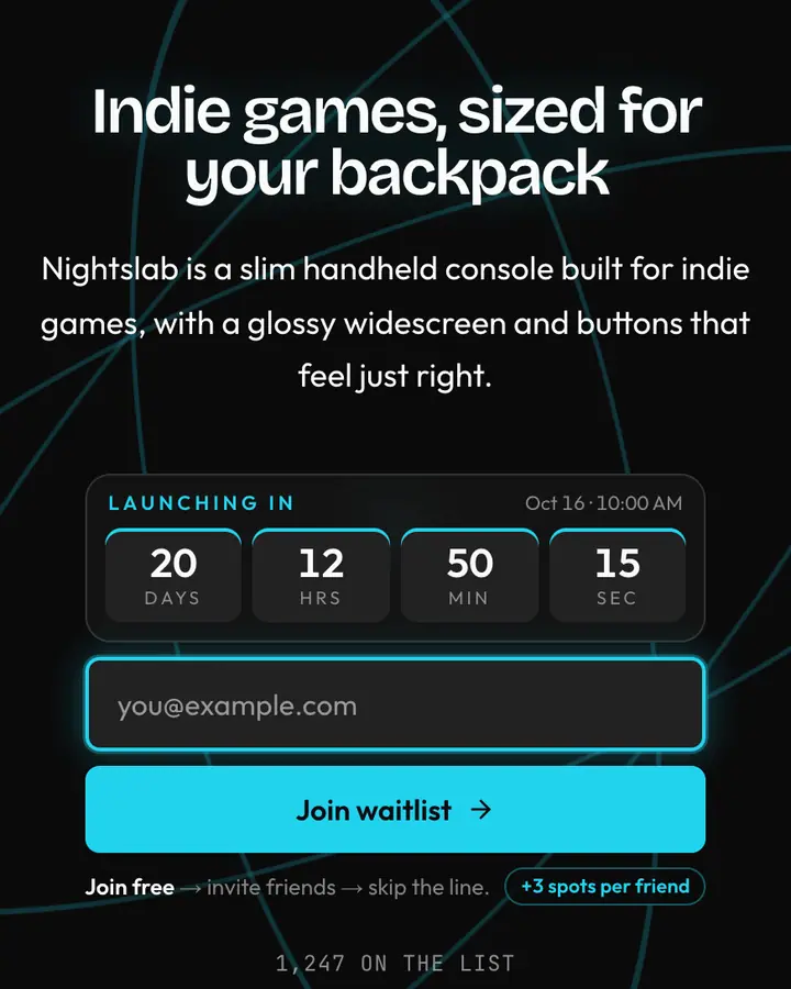 Handheld Black — Y2K waitlist page template, near-black background