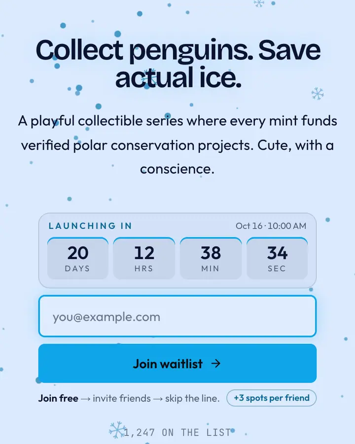 Penguin PFP — Crypto & Web3 waitlist page template, pale sky blue background