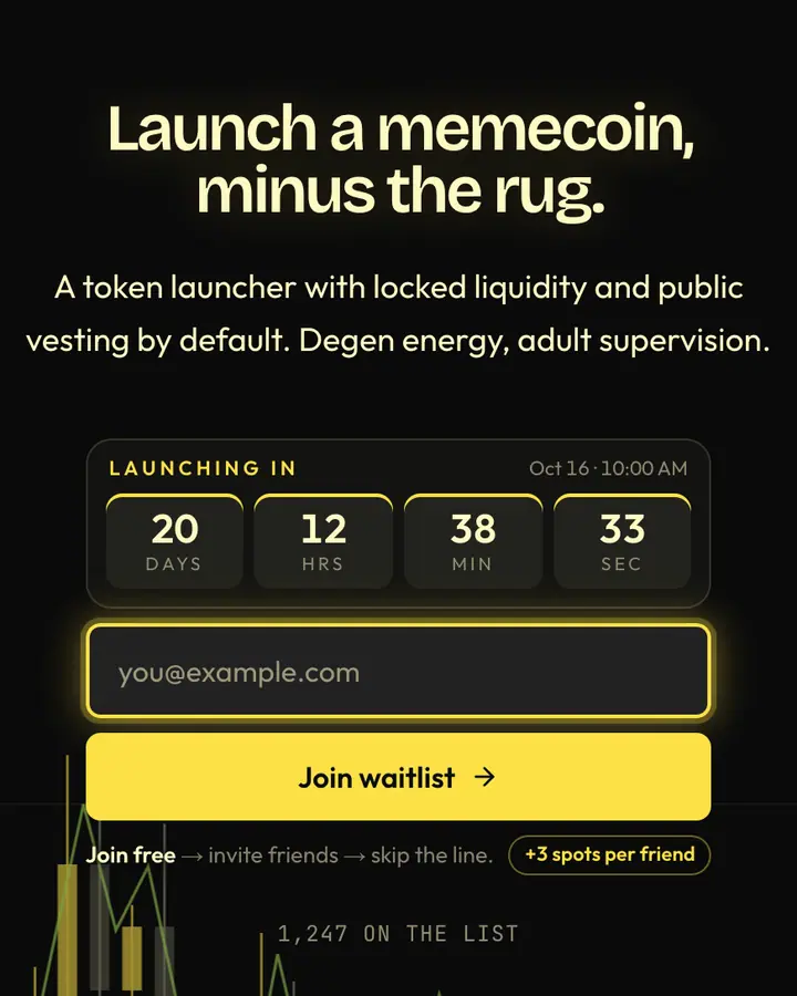 Meme Launchpad — Crypto & Web3 waitlist page template, near-black background