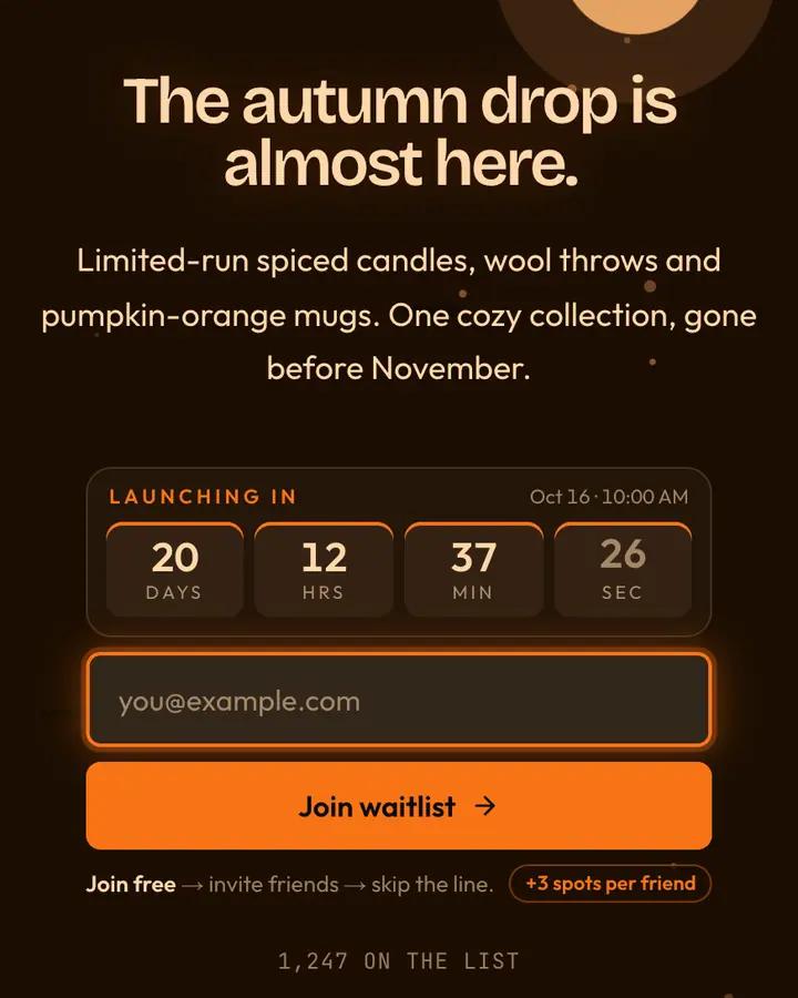Pumpkin Patch — Holiday & Seasonal waitlist page template, near-black vermilion background