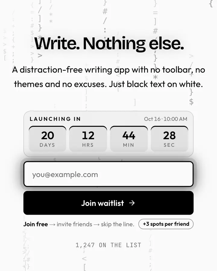 Pure Black — Black & White waitlist page template, white background