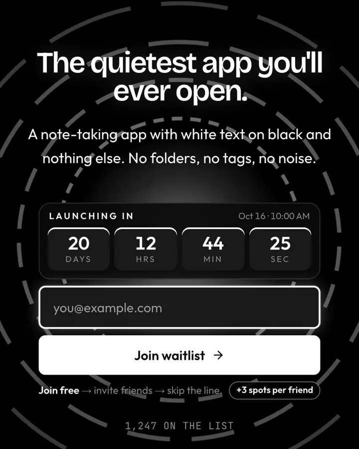 Pure White — Black & White waitlist page template, near-black background