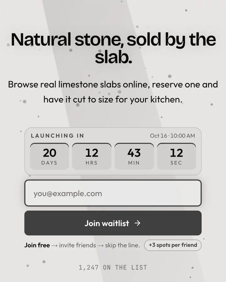 Quarry Grey — Industrial & Brutalist waitlist page template, off-white background