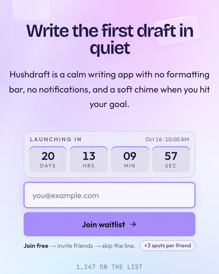 Quartz Pane — Glassmorphism waitlist page template, indigo-tinted white background