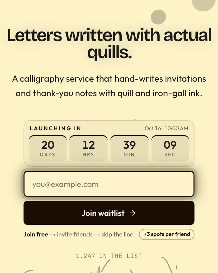 Quill Ink — Dark Academia waitlist page template, cream background
