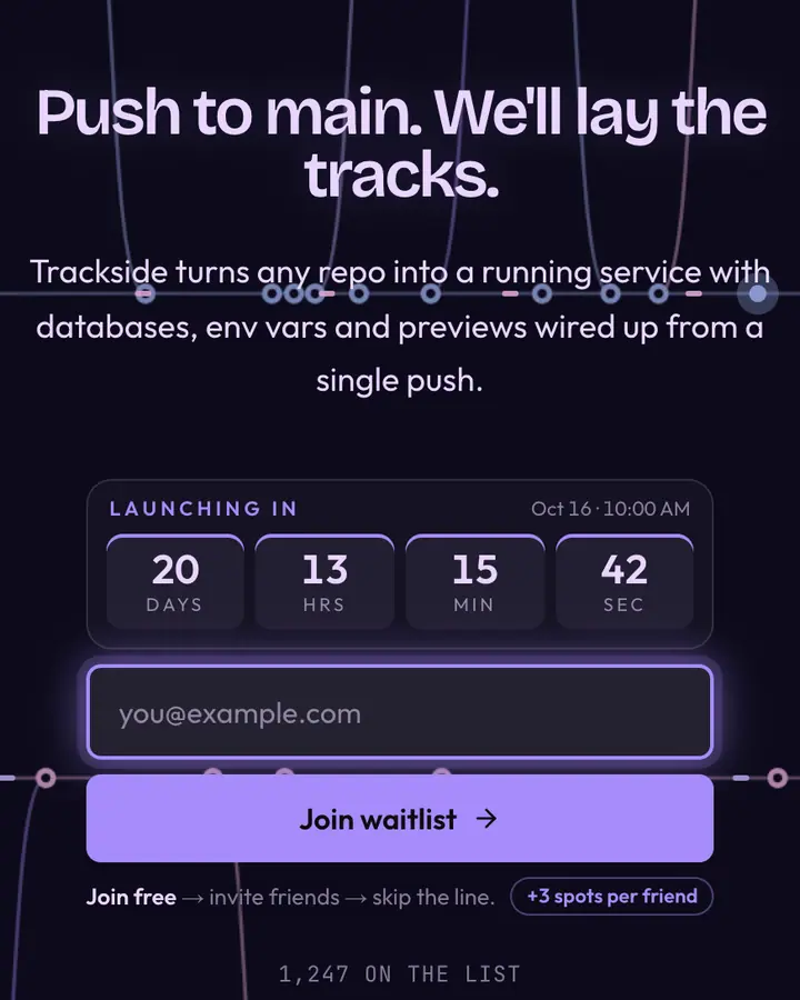 Purple Rails — Tech & SaaS waitlist page template, deep indigo background