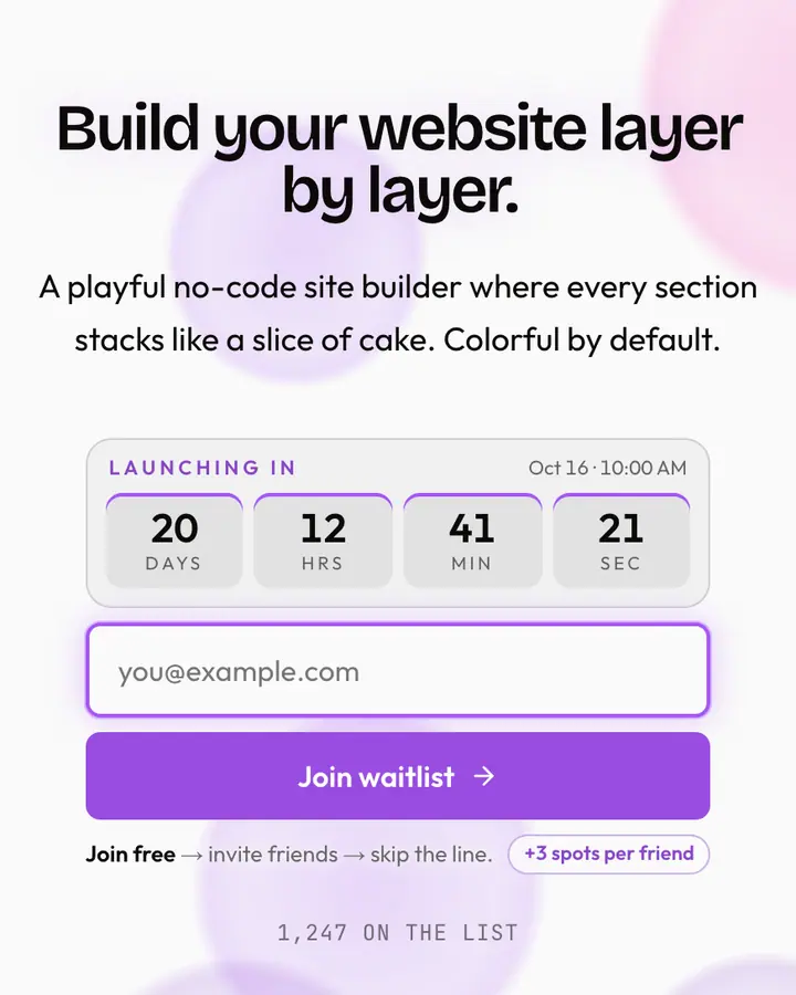 Rainbow Cake — Playful & Pastel waitlist page template, white background