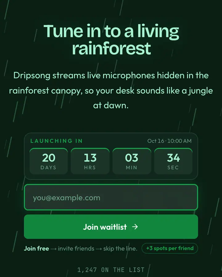 Rainforest Drip — Nature & Organic waitlist page template, deep emerald background